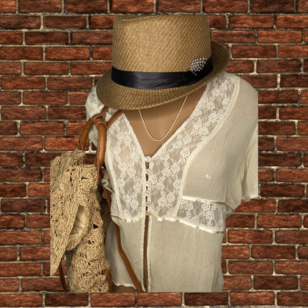 Free People Cream Lace Trim Button-Front Blouse